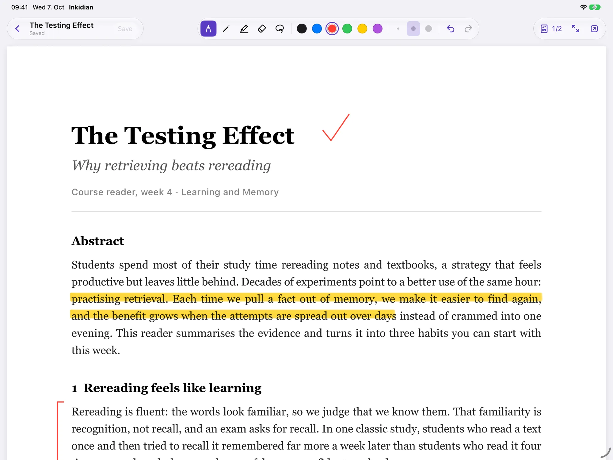 A PDF open in Inkidian with two highlighted lines, a check mark next to the title and a bracket in the margin.